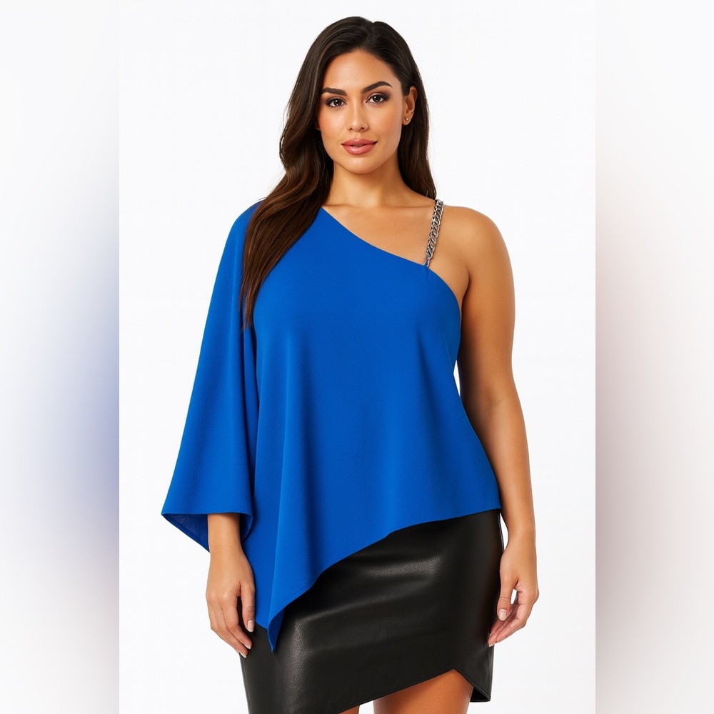 Michael Kors One Shoulder‎ Chain Detail Top Grecian Blue Plus Size 0X